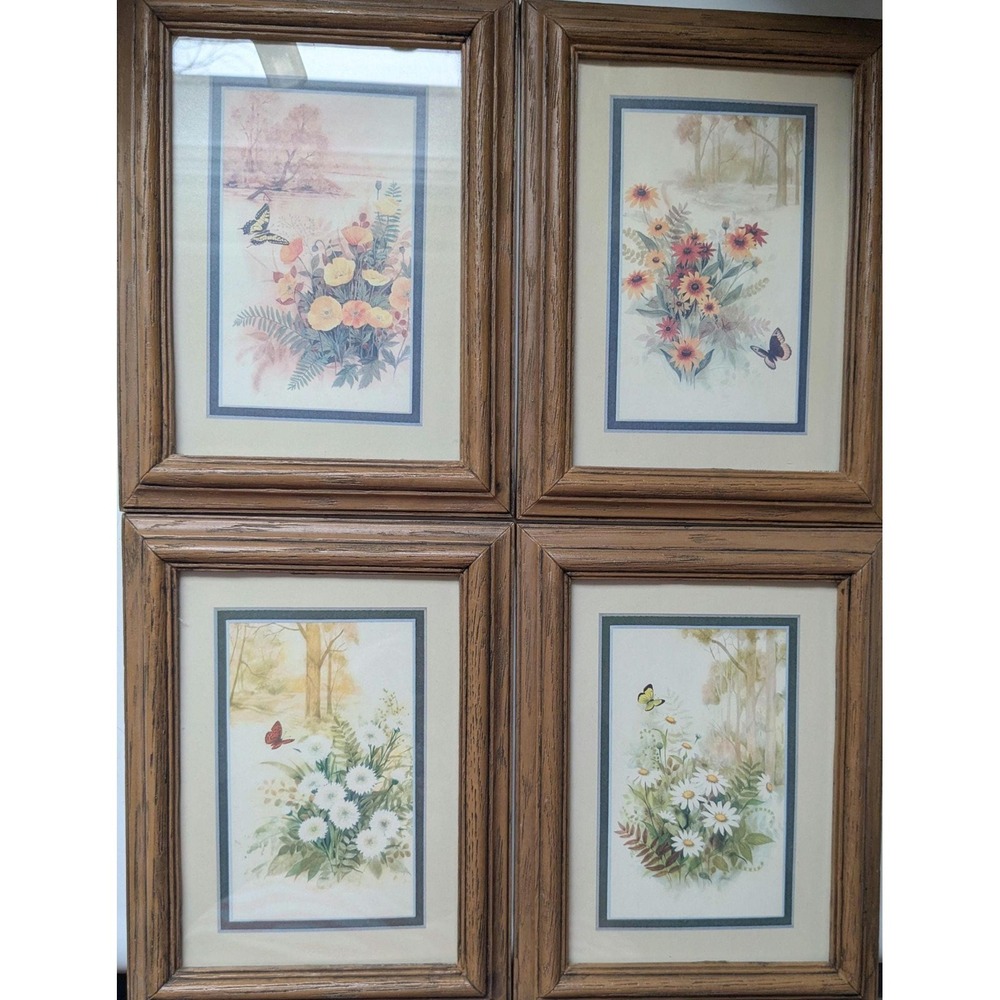 Set of 4 Vintage Floral Wall Art Prints Framed, Cottagecore‎ Decor